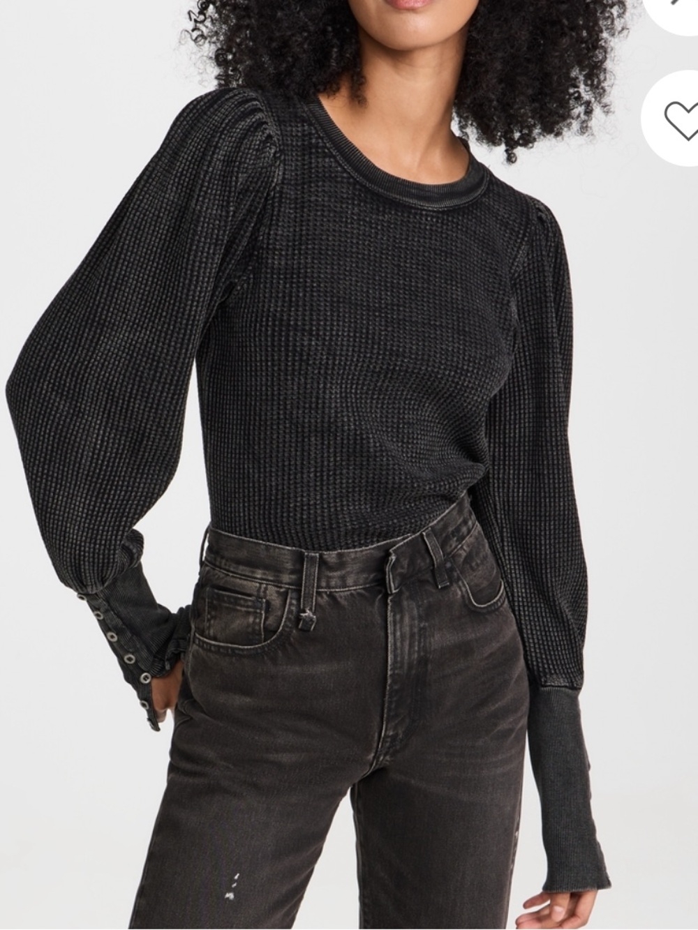 Free People Black Waffle-Knit Puff Sleeve Top
